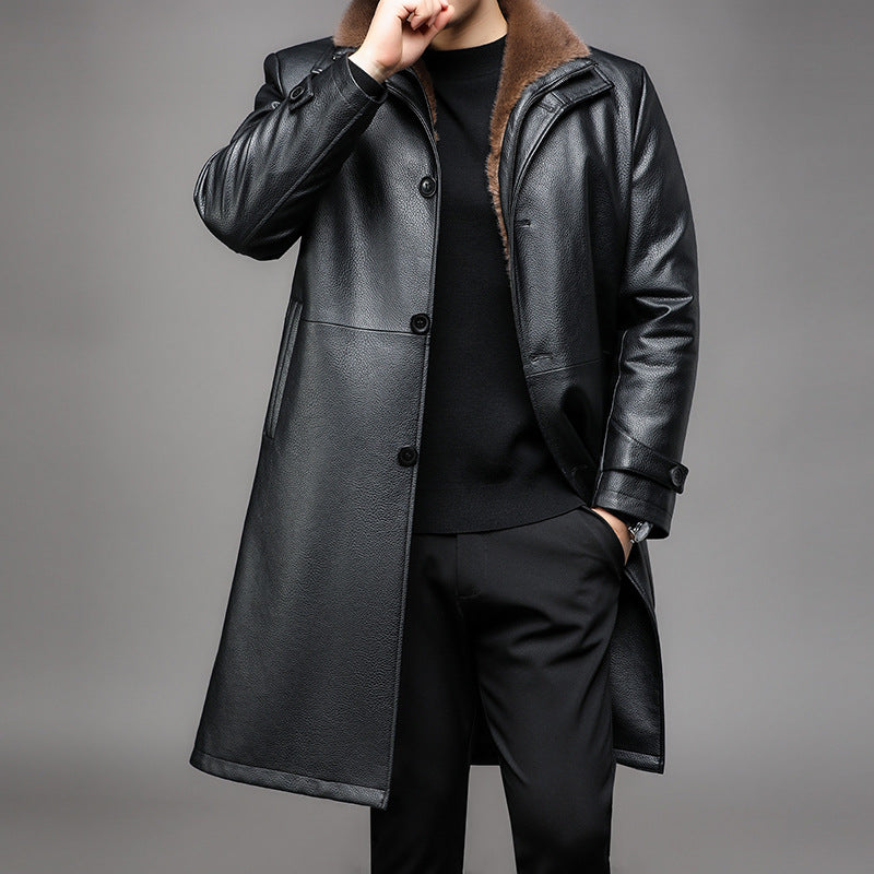 Men's Long Leather Coat with Removable Fur Collar and Thermal Lining Chichicherry