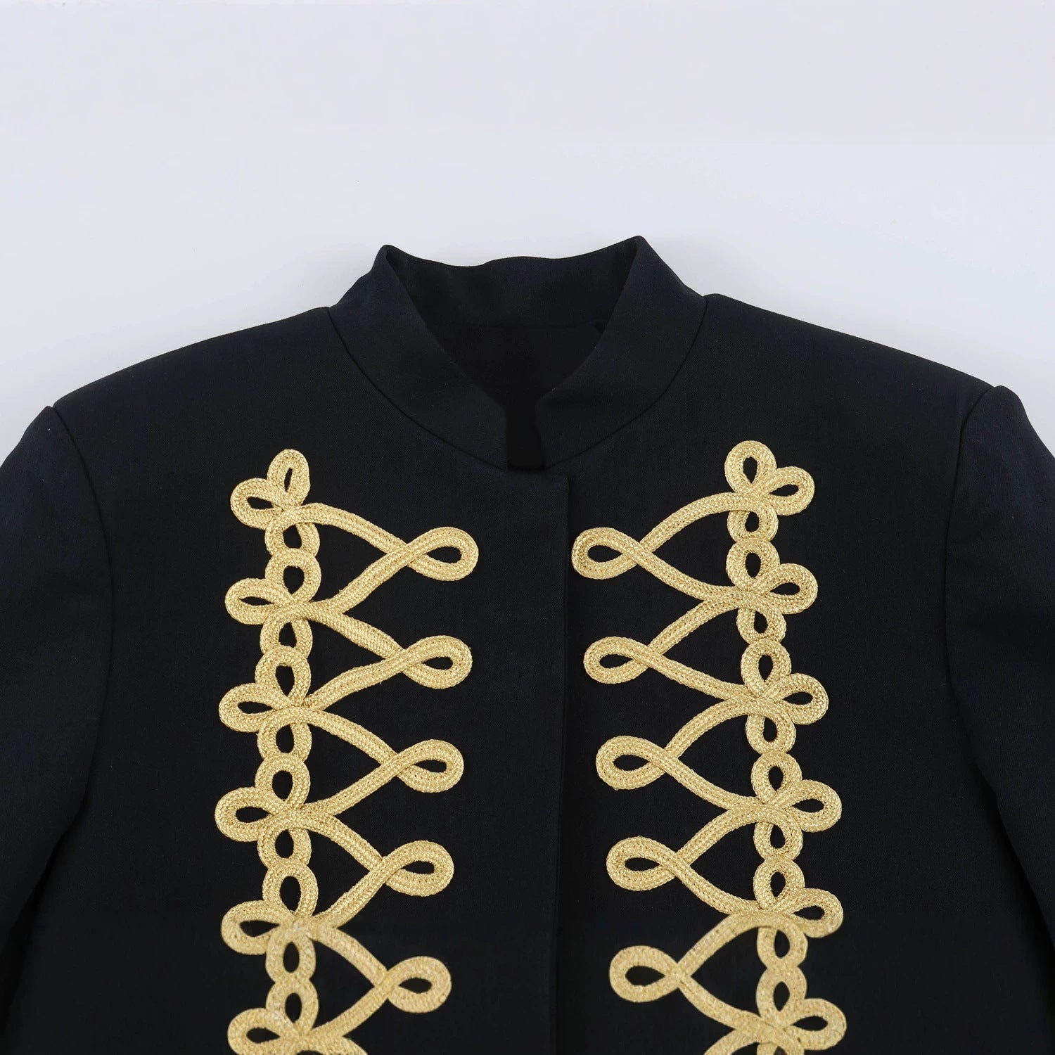 Women's Cropped Bolero Jacket with High Stand-Up Collar and Decorative Galloon Trim Chichicherry