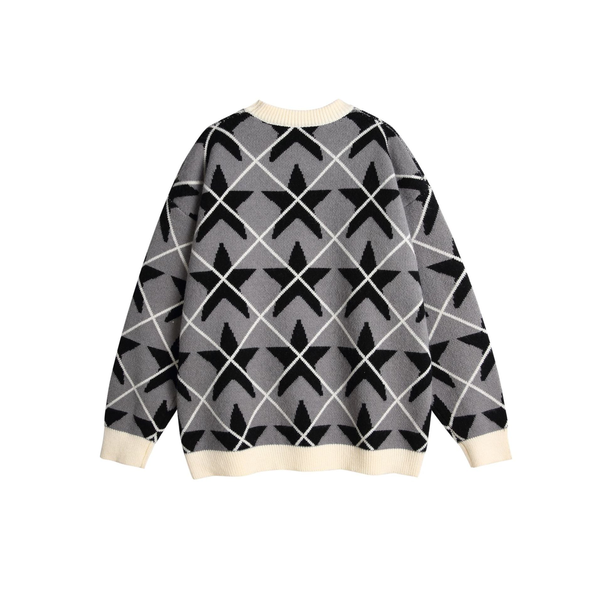 Unisex Chunky Knit Crew Neck Sweater with Star Jacquard Chichicherry