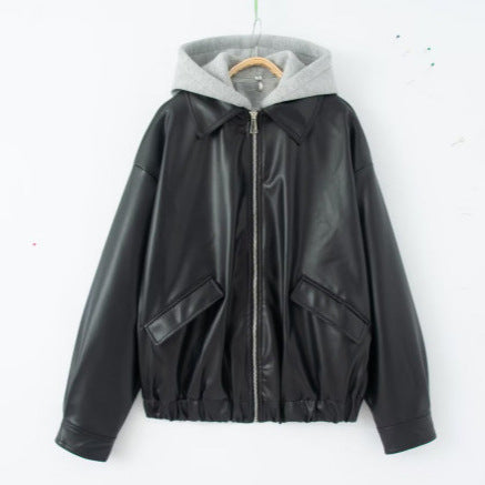 Women Oversize Faux Leather Blouson with Hood Insert and Flap Pockets Chichicherry