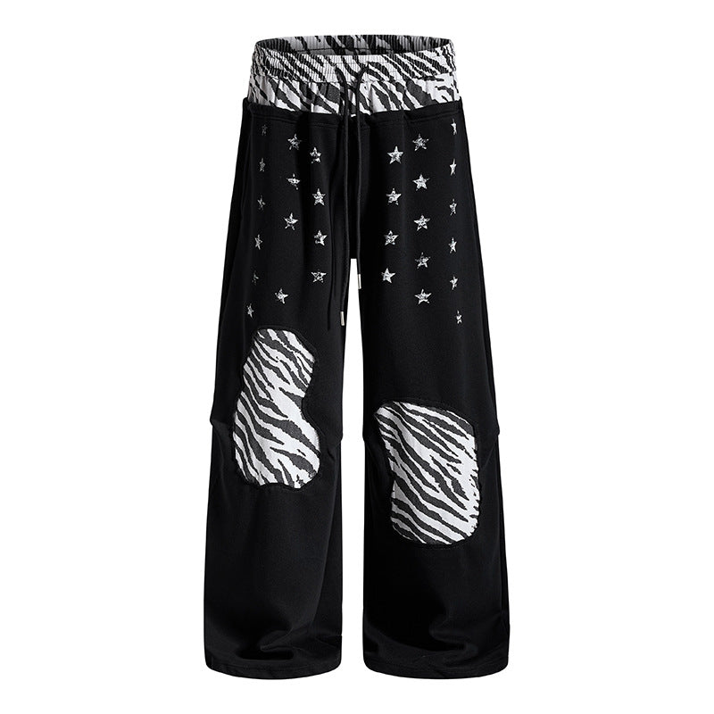 Women's Casual Palazzo Jogging Pants with Elastic Waistband, Zebra Knee Patches and Star Print Chichicherry