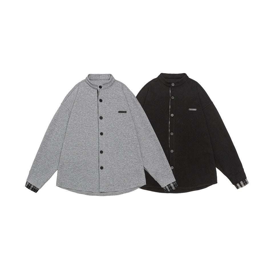 Unisex Oversized Shirt Jacket in Sweat Overlay with Stand-Up Collar and Checkered Inner Cuff Chichicherry