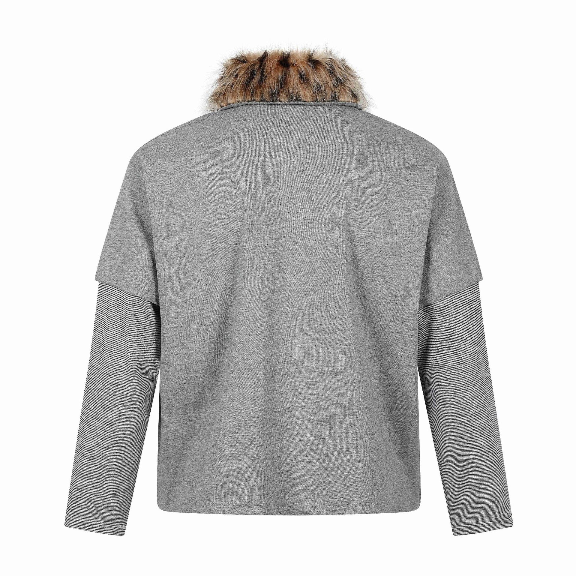 Women Layered-Look Long Sleeve Polo with Faux Fur Collar and Badge Embroidery Chichicherry