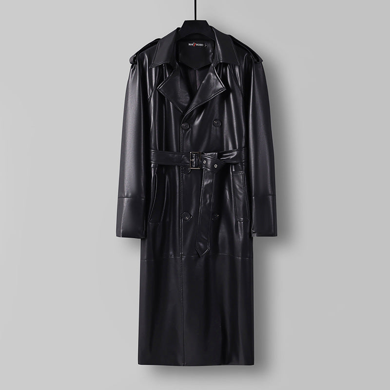 Men's Long Faux Leather Trench Coat with Double Breasted, Belted Waist and Epaulettes Chichicherry