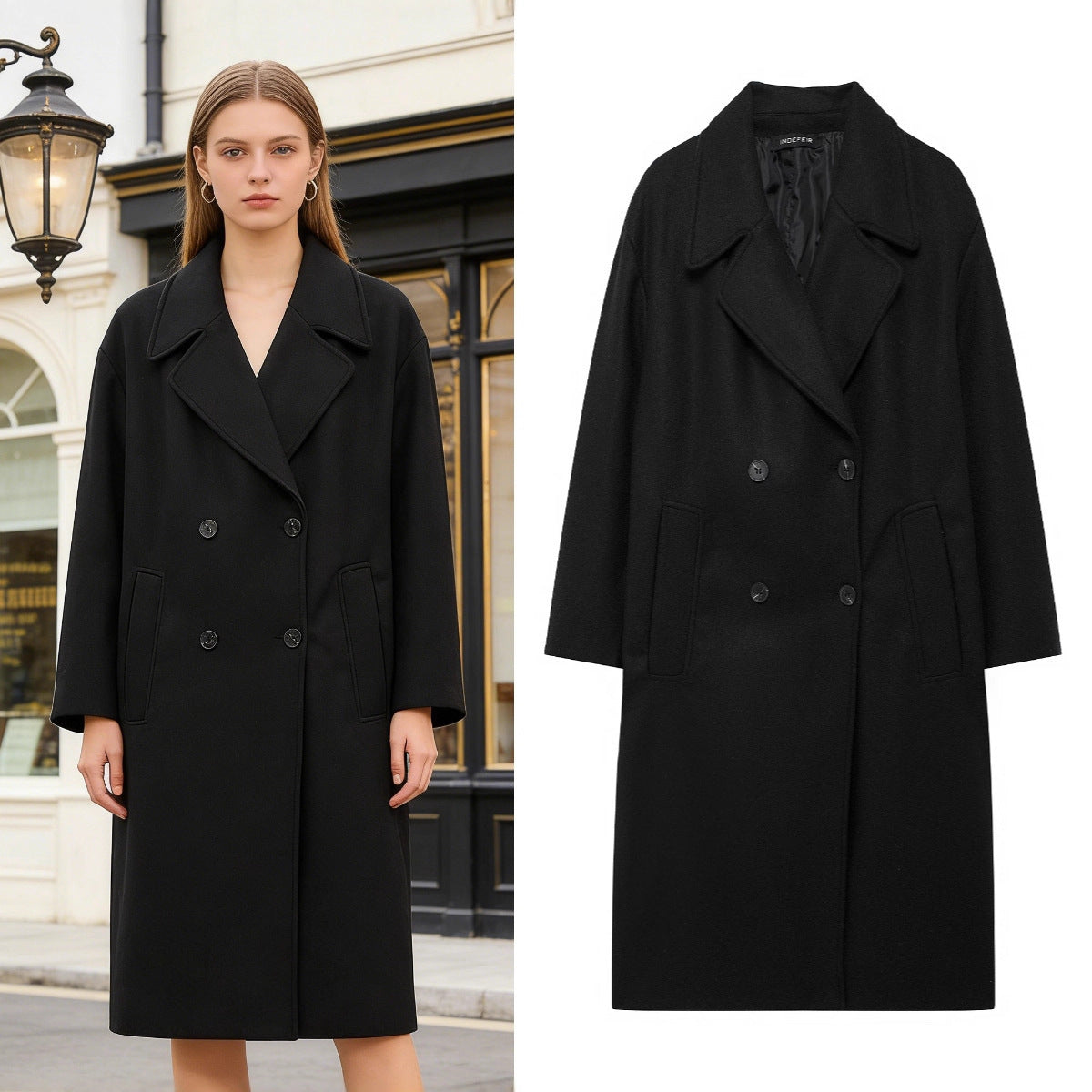Women's Double-Breasted Wool Blend Coat with Oversized Cut and Lapel Collar Chichicherry