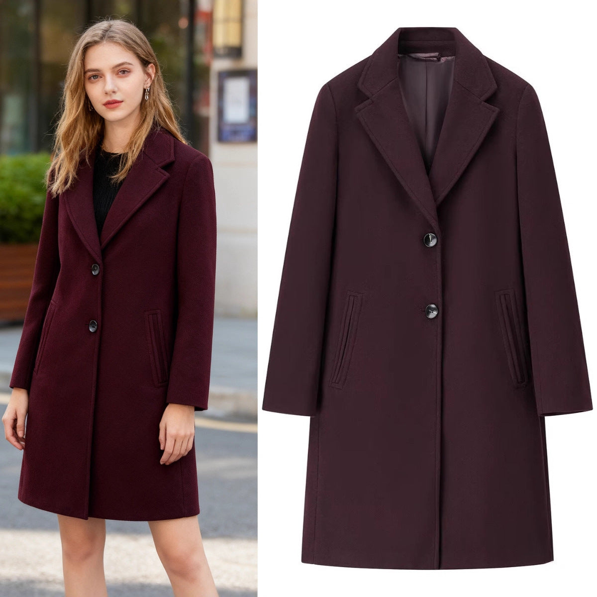 Women's Longline Single-Breasted Wool Blend Coat with Notched Collar and Welt Pockets Chichicherry