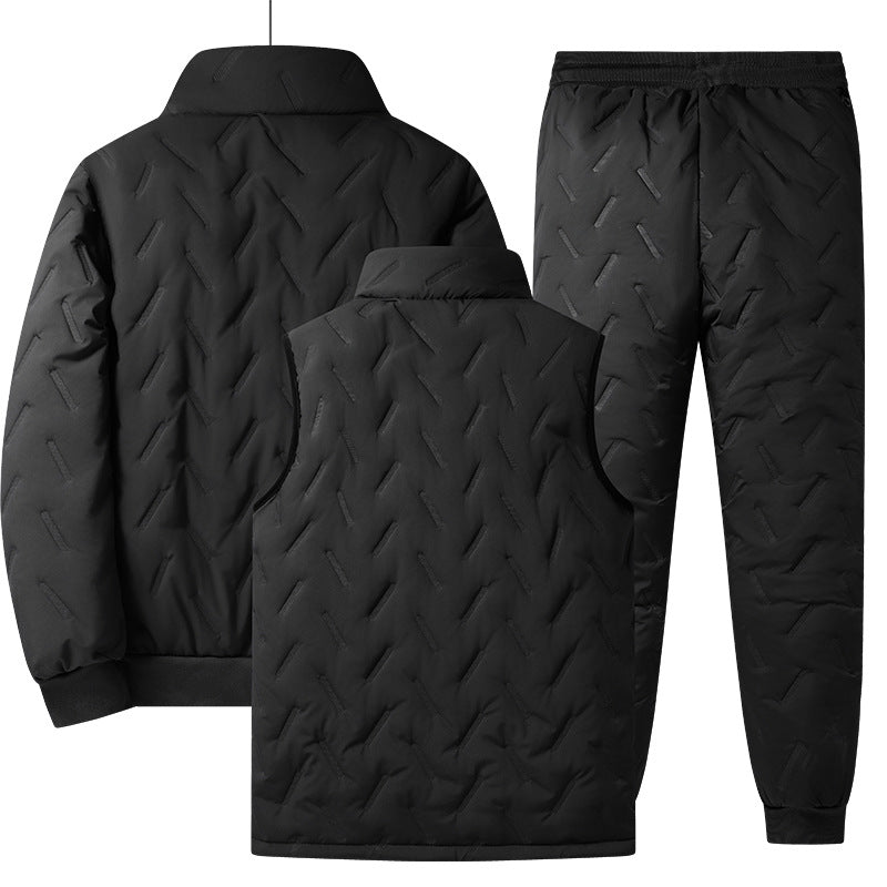 Men's Three-Piece Quilted Winter Set with Teddy Lining — Stand Collar Jacket, Padded Vest & Thermal Pants Chichicherry