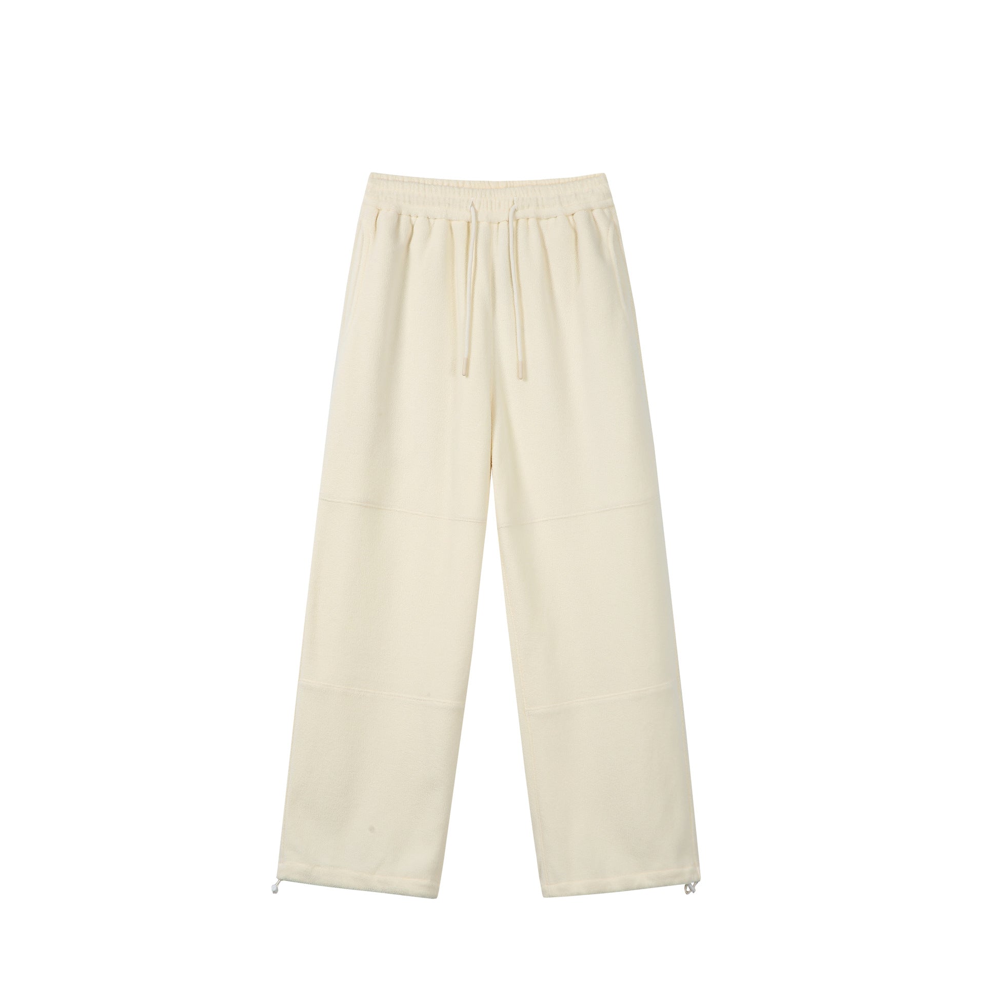 Women's wide fleece jogging pants with drawstring waistband, side pockets, and adjustable hem.