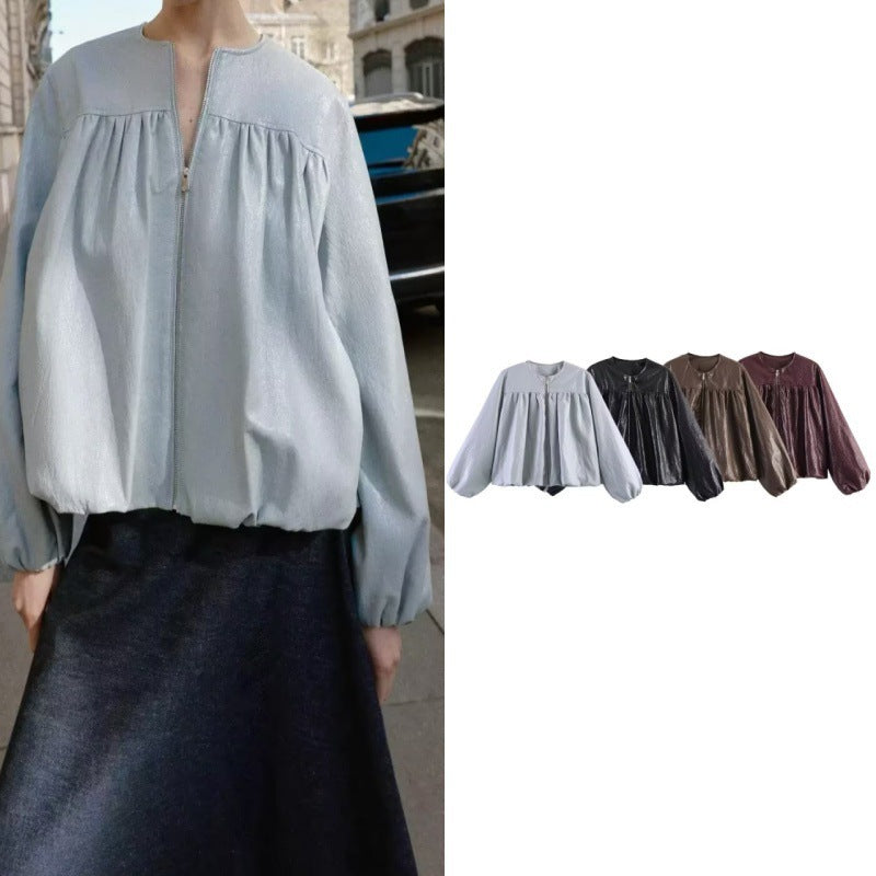 Women's short jacket made of faux leather with gathered yoke and balloon sleeves Chichicherry