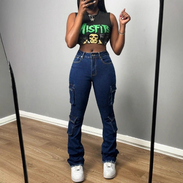 Ladies High-Waisted Cargo Jeans with Multiple Flap Pockets & Flared Hem Chichicherry
