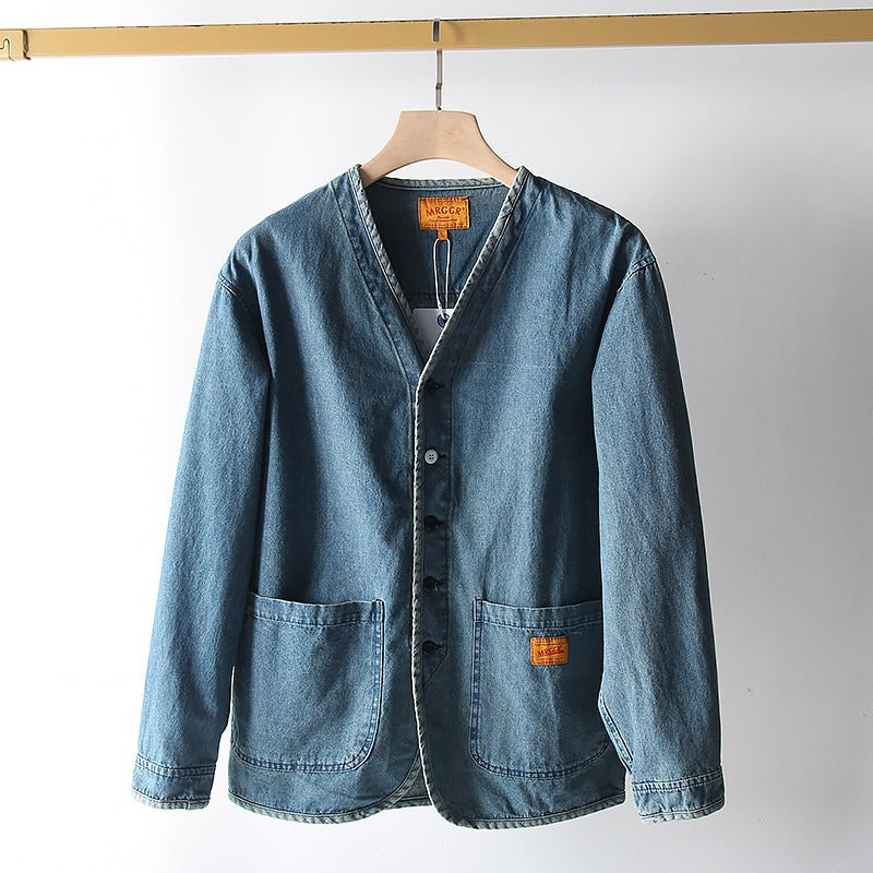 Herren Leichtes Jeans-Sakko im Overshirt-Stil mit V‑Ausschnitt und aufgesetzten Taschen Chichicherry