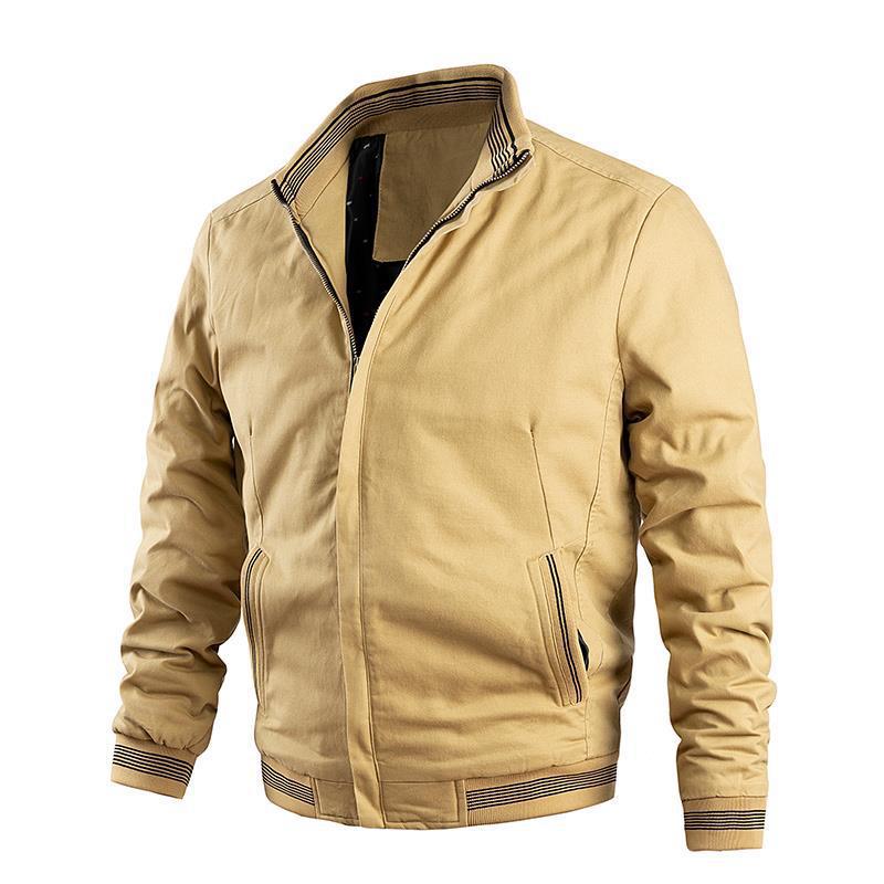 Men's lightweight canvas bomber in retro pilot cut with striped ribbed cuffs and concealed zipper.
