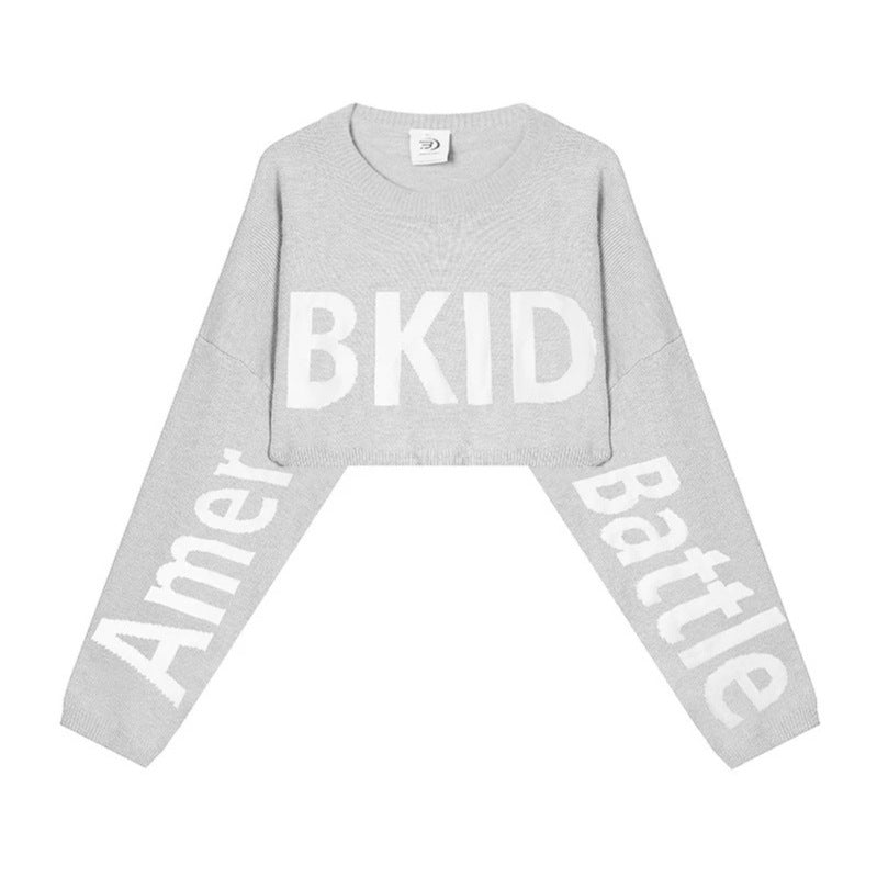 Women's Cropped Knit Sweater with Wide Raglan Sleeves and Statement Print Chichicherry