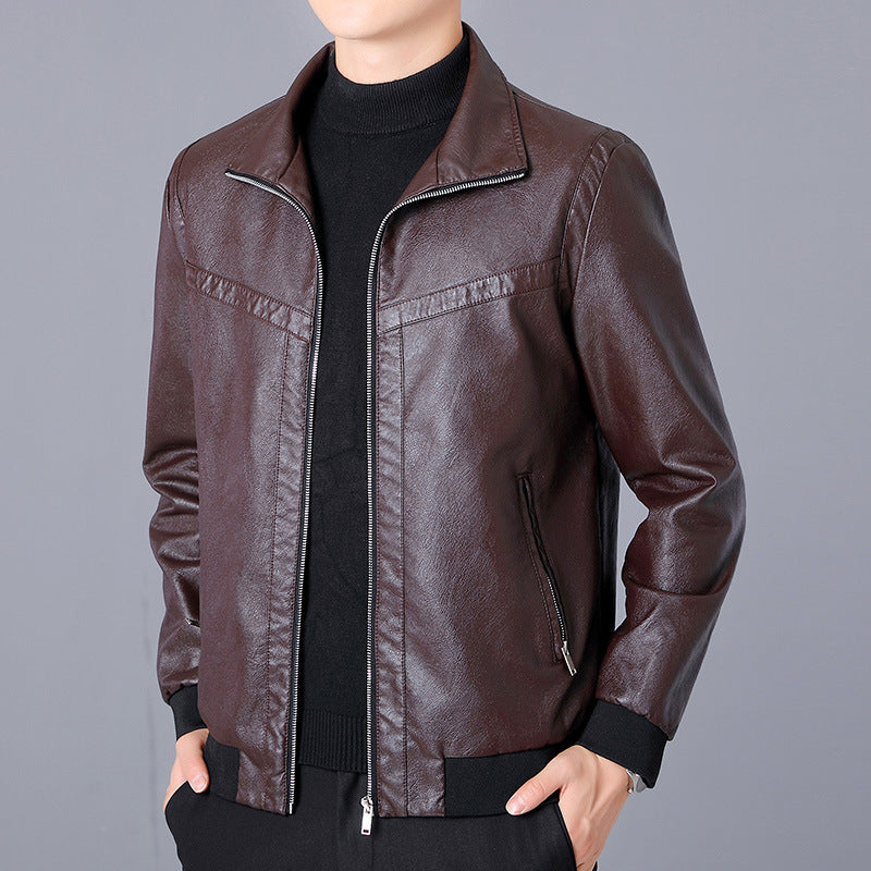 Men's Faux Leather Bomber Jacket in Aviator Look with Stand-Up Collar and Zipper Chichicherry