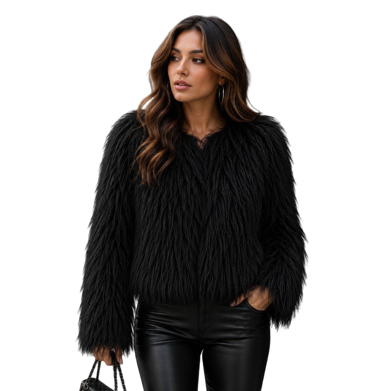 Women Short-Cut Shaggy Faux Fur Jacket with Round Neck, Extra Soft Long Hair and Casual Fit Chichicherry