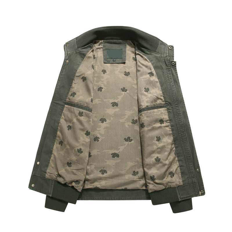 Men's Canvas Field Jacket in Bomber Style with Ribbed Cuffs, Flap Pockets, and Printed Inner Lining Chichicherry