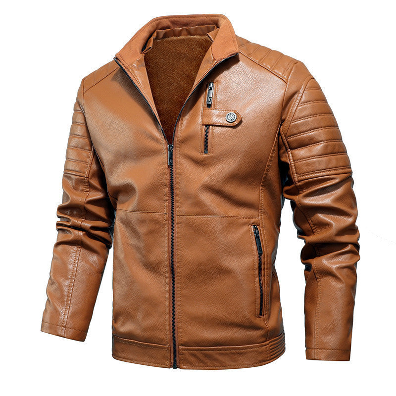 Men's Faux Leather Moto Jacket with Quilted Shoulder Yoke and Warm Teddy Fleece Lining Chichicherry