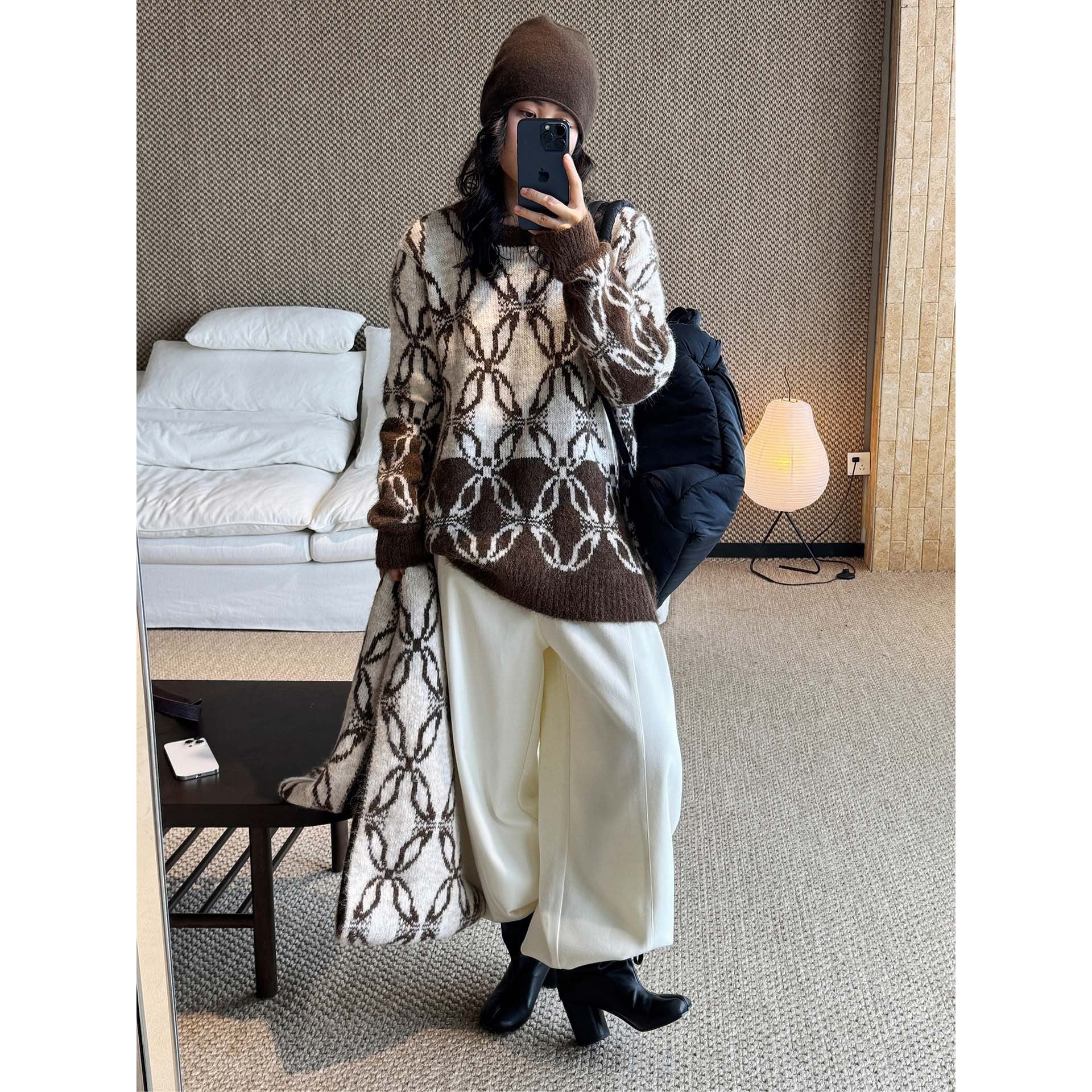 Women Oversize Mohair Look Knit Cardigan with Allover Jacquard Pattern Chichicherry