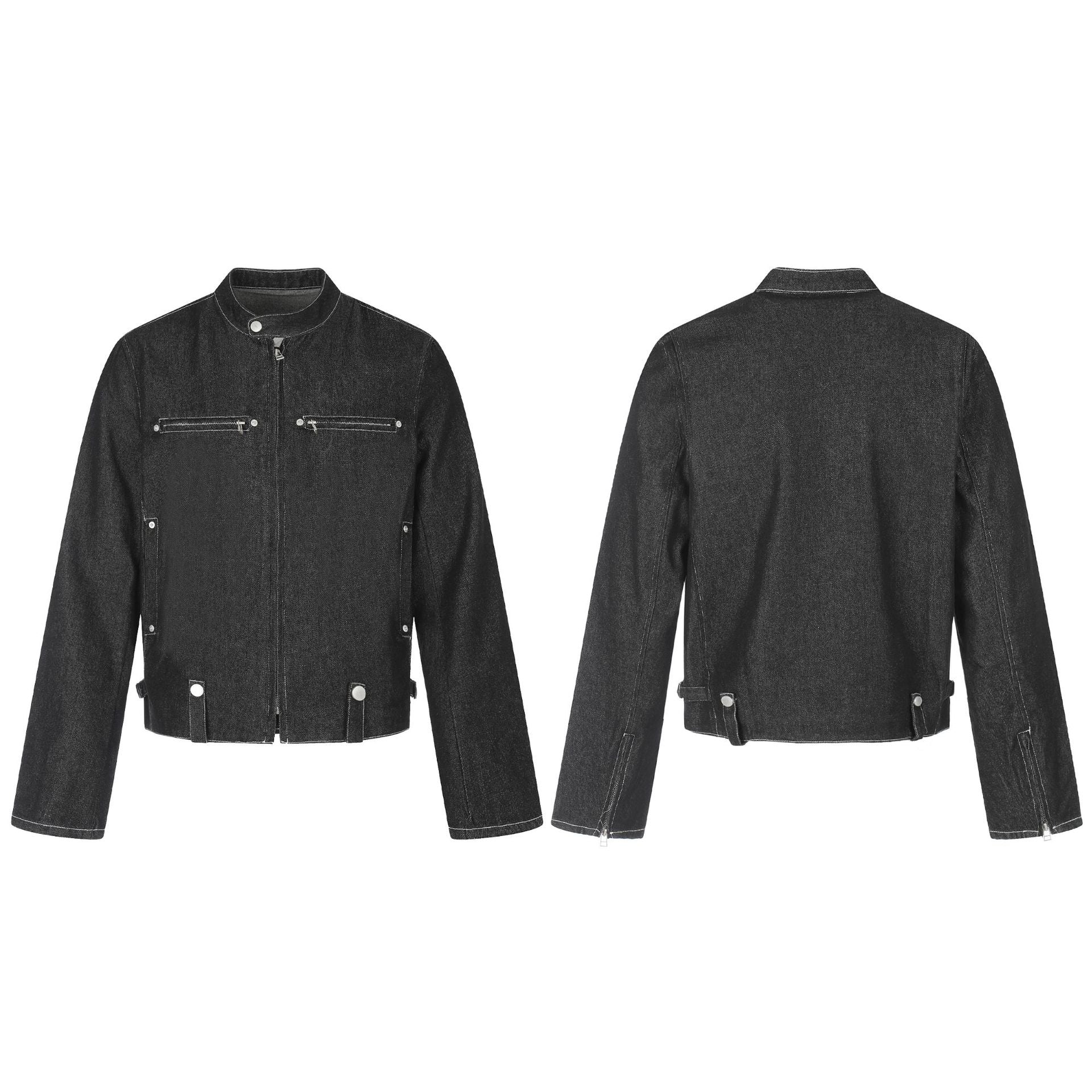 Men's short denim-inspired worker blouson with stand collar, zipper chest pockets, and adjustable waist straps Chichicherry