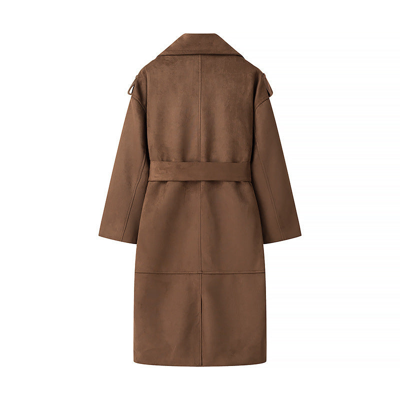 Women's Long Oversized Velour Leather Trench Coat with Tie Belt and Shoulder Straps Chichicherry