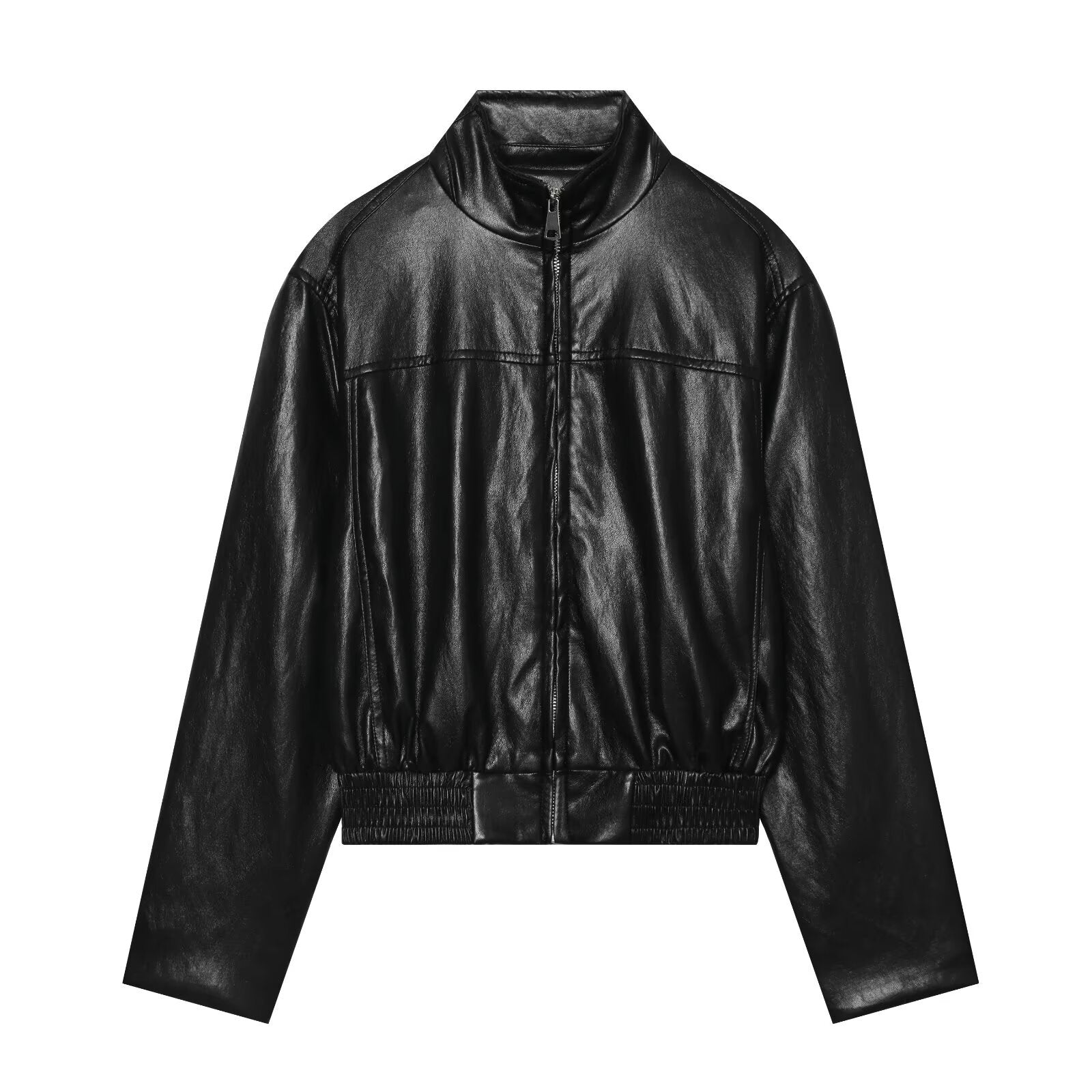 Women's short jacket in vintage leather look with stand-up collar, zipper and wide ribbed cuffs Chichicherry