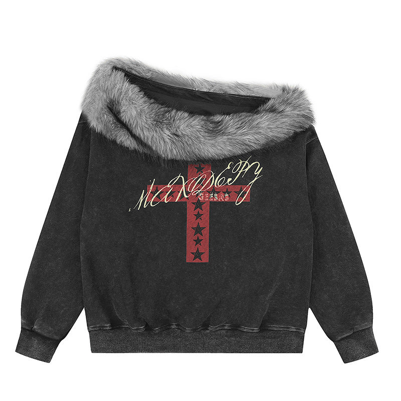 Women's Oversized Sweatshirt with Fur Collar, Vintage Wash and Cross Print Chichicherry