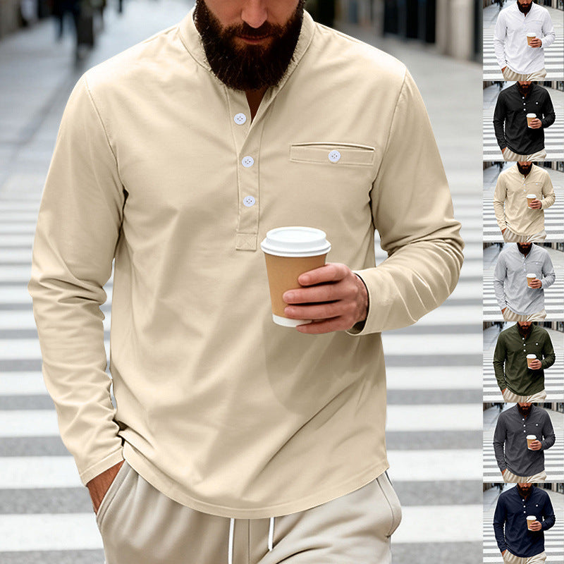 Men's Casual Henley Long Sleeve Shirt with Stand-Up Collar, Chest Pocket, and Curved Hem Chichicherry