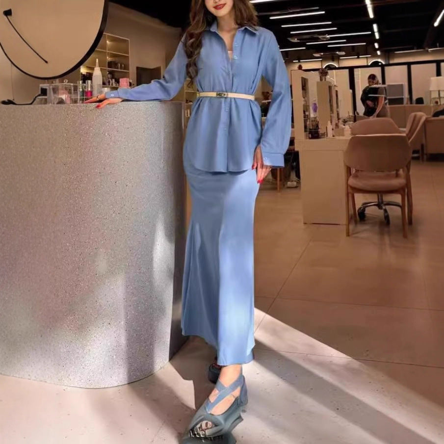Women Two-Piece Set Tube Maxi Skirt with Flared Hem and Oversize Shirt Chichicherry