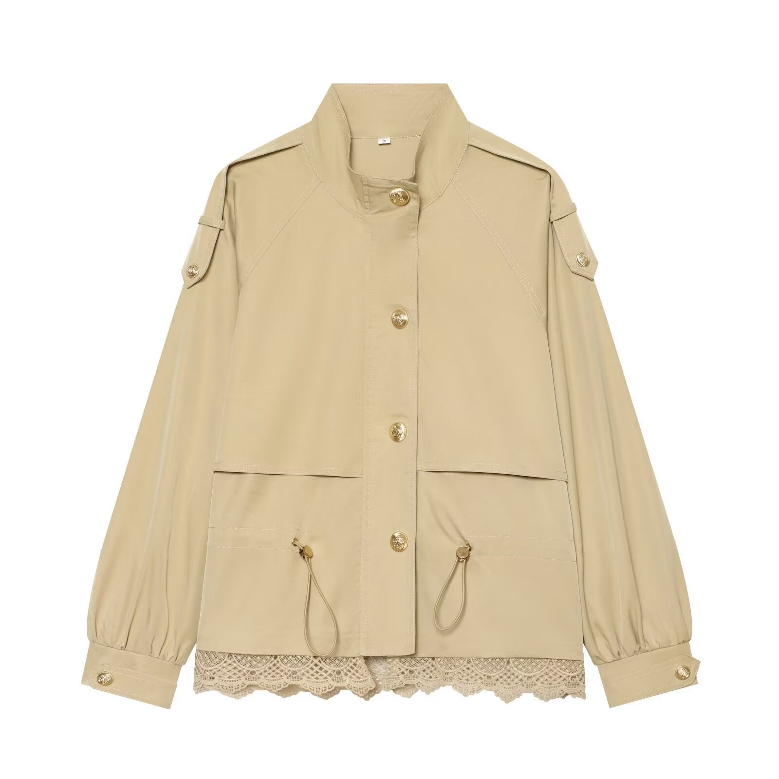 Women's lightweight field jacket with drawstring, stand-up collar, epaulettes, and lace trim Chichicherry