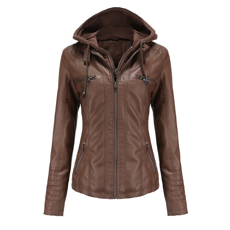 Women Tailored Faux Leather Jacket with Removable Hood and Zipper Chichicherry