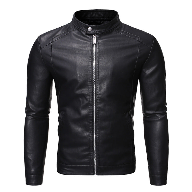 Men's Slim Fit Leather Look Blouson in Racer Minimal Style with Snap Button Stand Collar Chichicherry