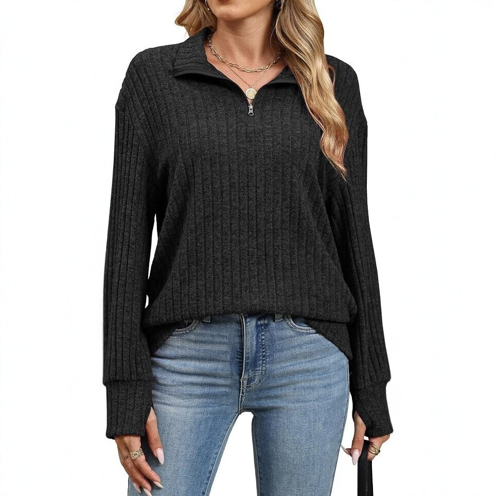 Women's Ribbed Half-Zip Sweater with Stand-Up Collar and Relaxed Fit Chichicherry