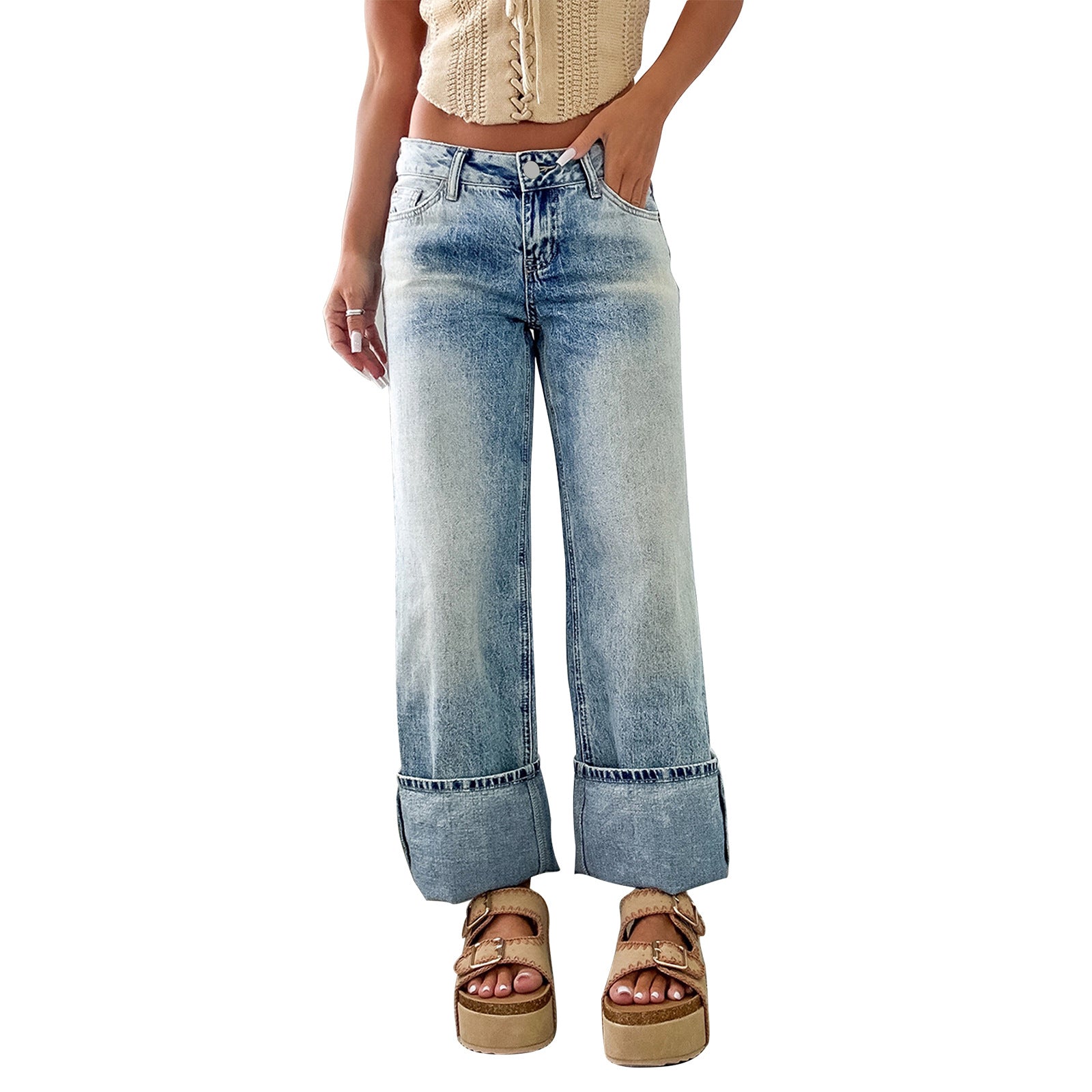 Women Wide High-Waist Jeans with Wide Cuff Chichicherry