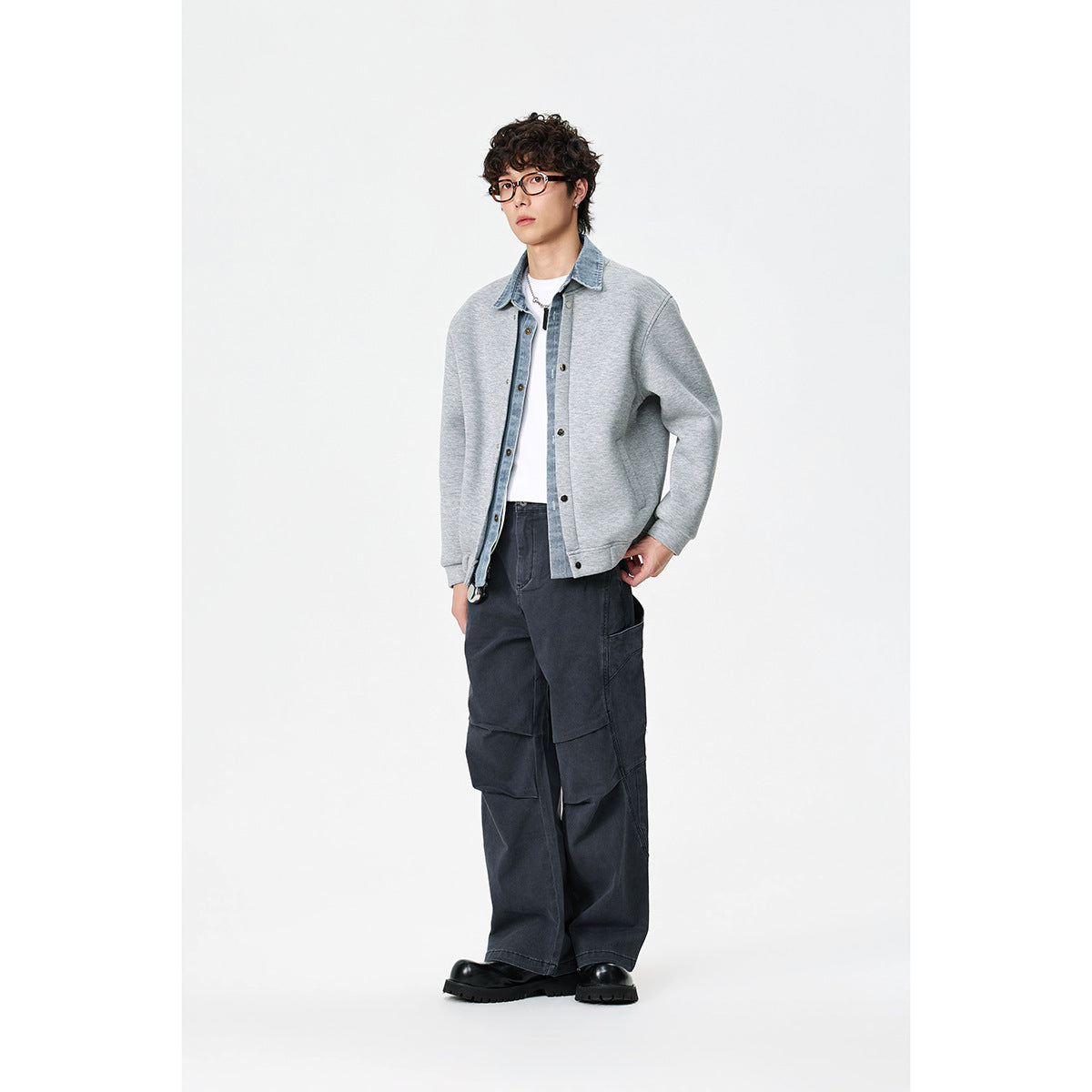 Unisex Layered Look Boxy Blouson with integrated Denim Collar and Snap Button Placket Chichicherry