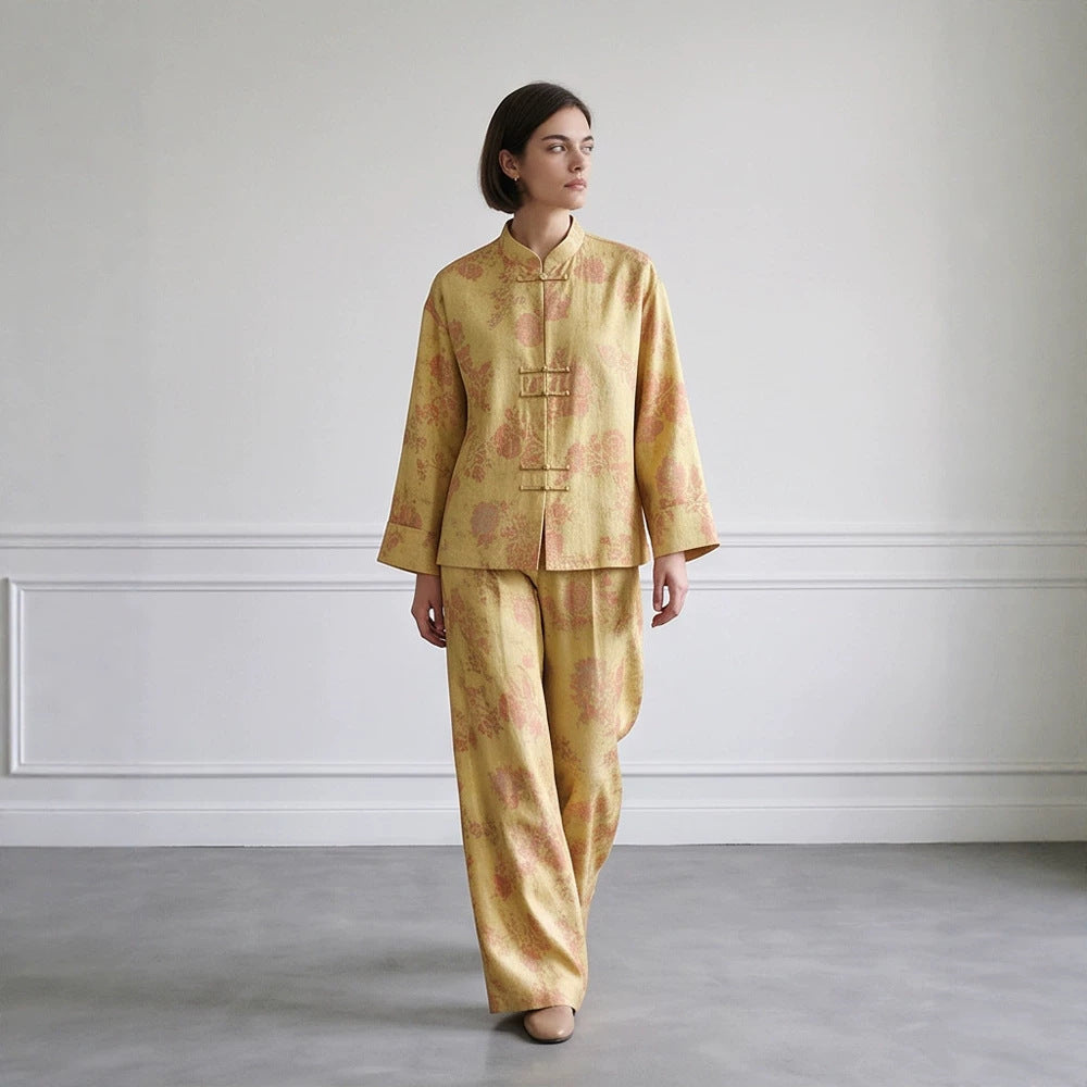 Womens Two-Piece Jacquard Set with Mandarin Collar and Wide Cut Trousers Chichicherry