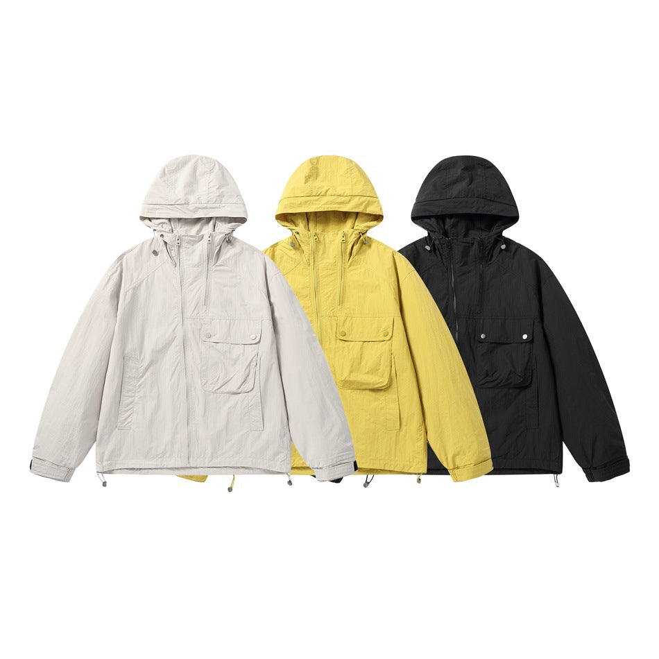 Unisex Lightweight Boxy Windbreaker with Hood, Utility Chest Pocket and Drawstring Chichicherry