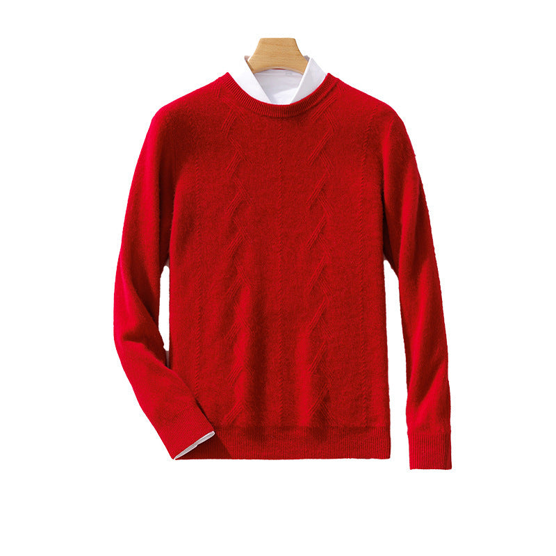 Men's Luxurious Fine Knit Crew Neck Sweater with Subtle Cable Pattern Chichicherry