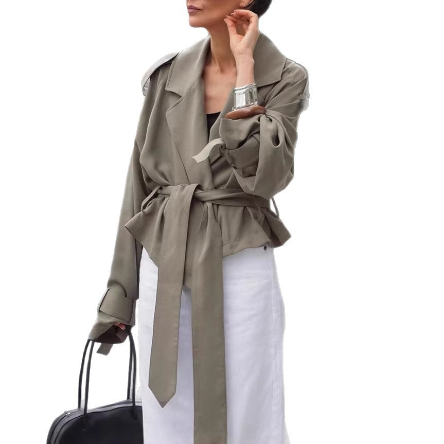Women Tailored Wrap Coat with Extra Long Tie Belt Chichicherry