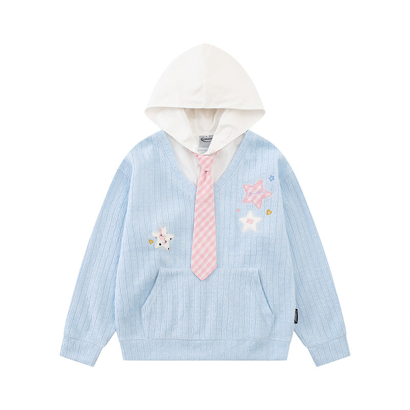 Women's hoodie with V-neck, attached tie application and star patches Chichicherry