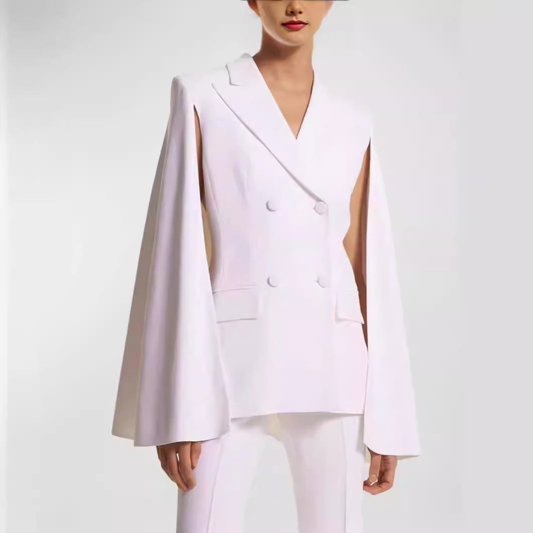 Women's Double-Breasted Blazer with Cape Sleeves and Tailored Silhouette Chichicherry