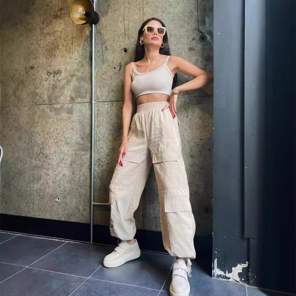 Damen Cargo-Haremshose mit hoher elastischer Taille und aufgesetzten Klappentaschen Chichicherry