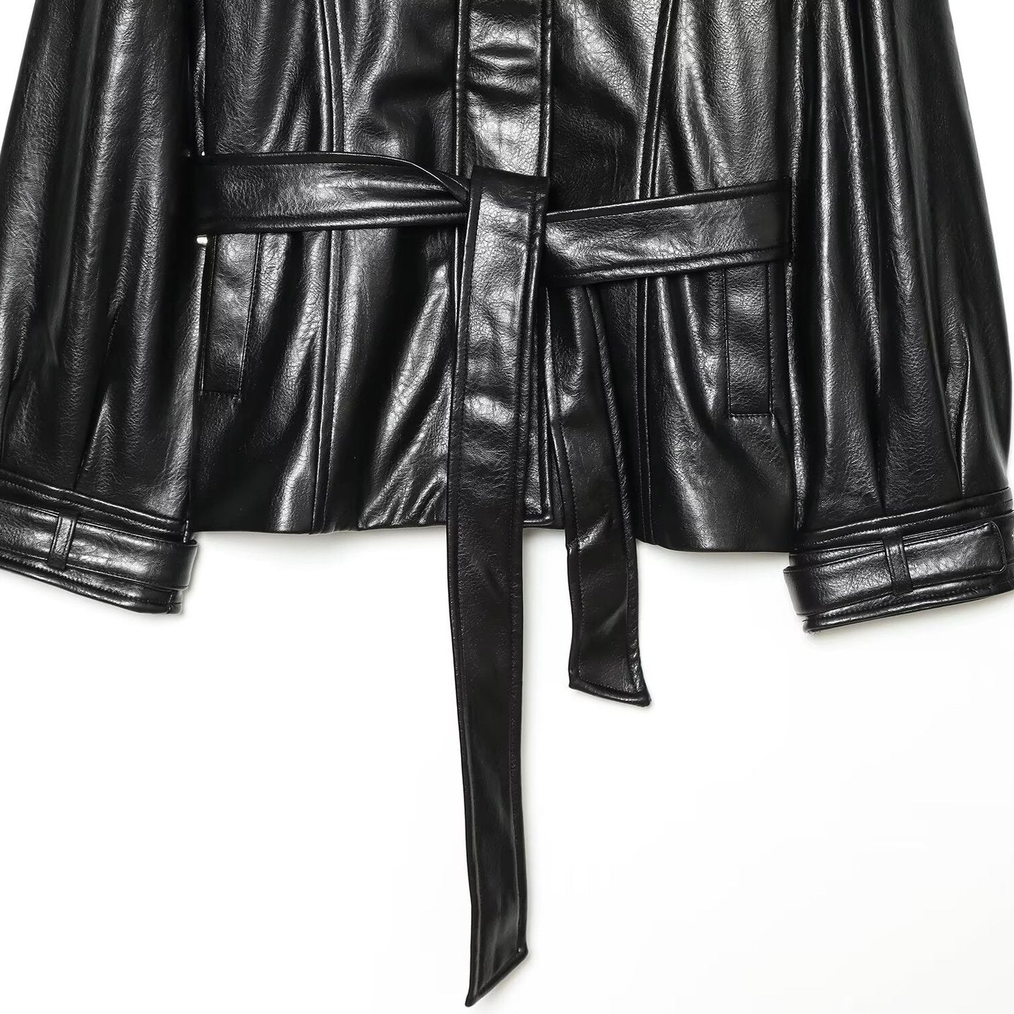 Women's Faux Leather Short Coat with High Stand Collar, Waist Tie Belt and Seams Chichicherry