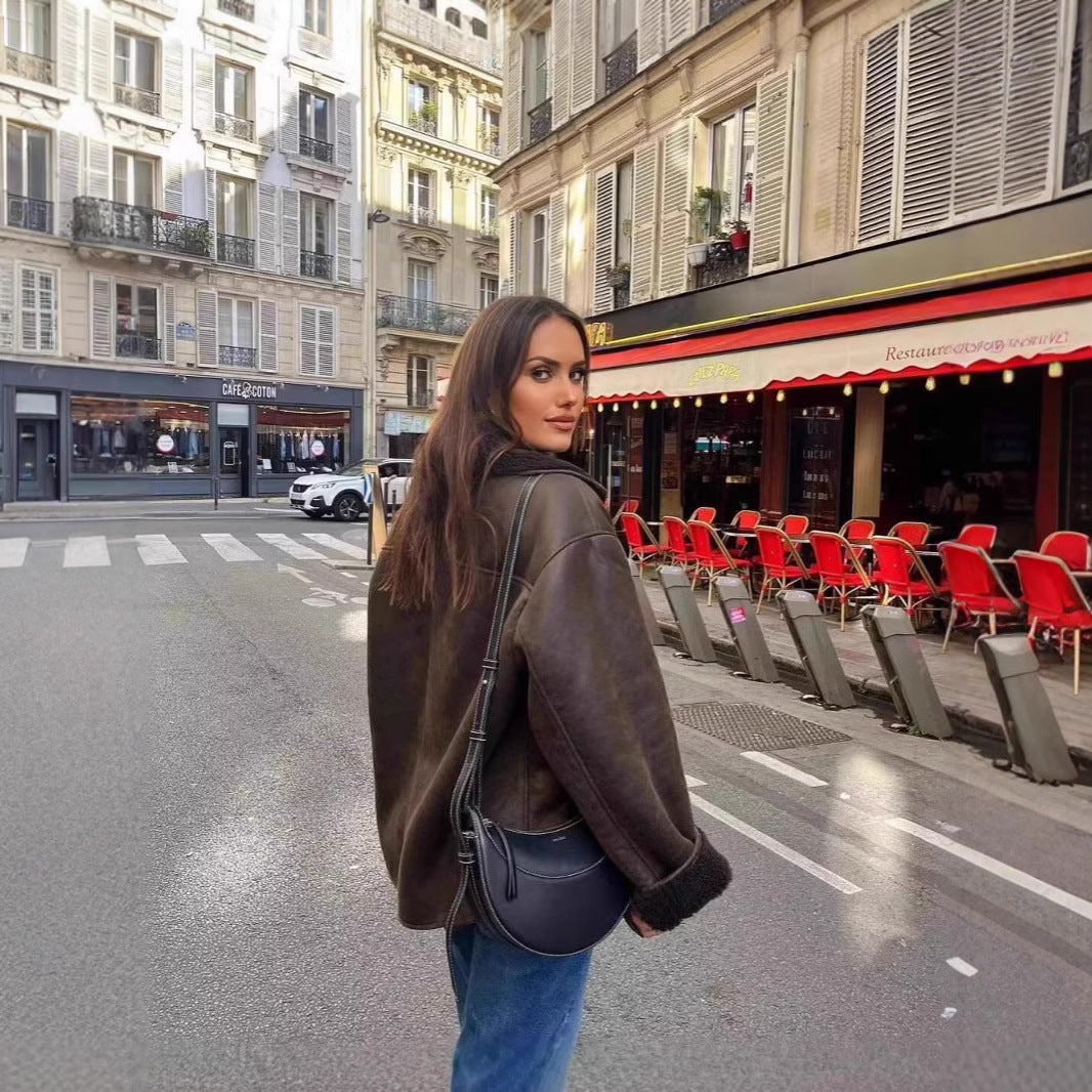 Women Short Jacket in Lambskin Look with Teddy Lining and Button Placket Chichicherry