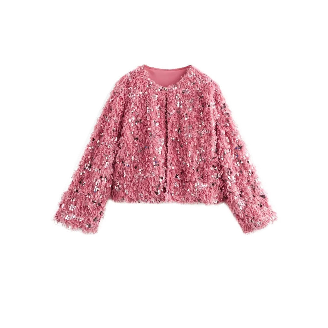 Women's Cropped Jacket made of fluffy Faux Fur with sequin trim Chichicherry