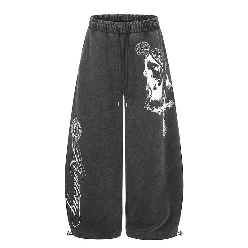 Women's extra-wide palazzo harem pants made of sweatshirt fabric with a high comfort waistband, drawstring, and large graphic print Chichicherry