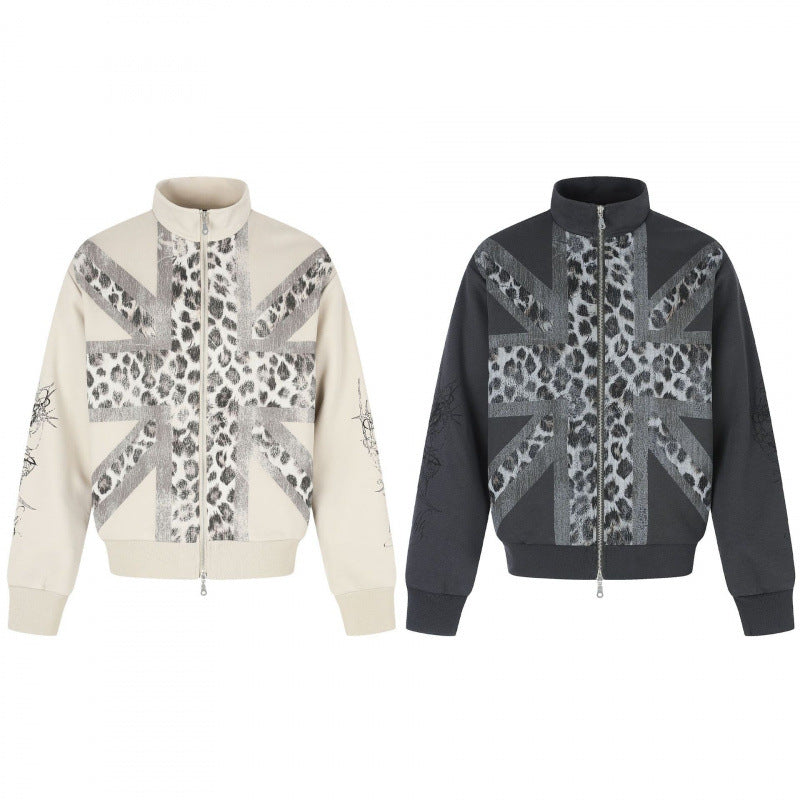 Unisex Short Cut Boxy Jacket with Zipper, High Stand Collar and Leopard Union Jack Print Chichicherry