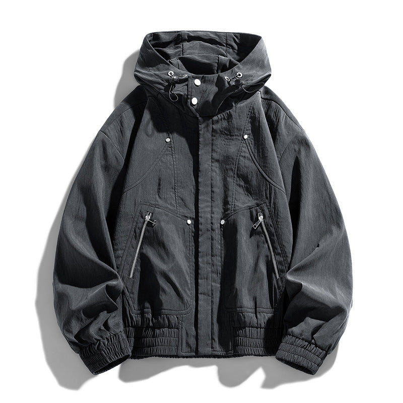 Men's Oversize Canvas Utility Hoodie Jacket with Hidden Snap Button Placket and Zipper Pockets Chichicherry