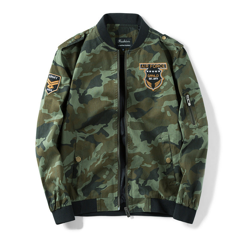 Men's Camouflage Bomber Jacket in Military Style with Patch Applications, Arm Pocket and Ribbed Cuffs Chichicherry