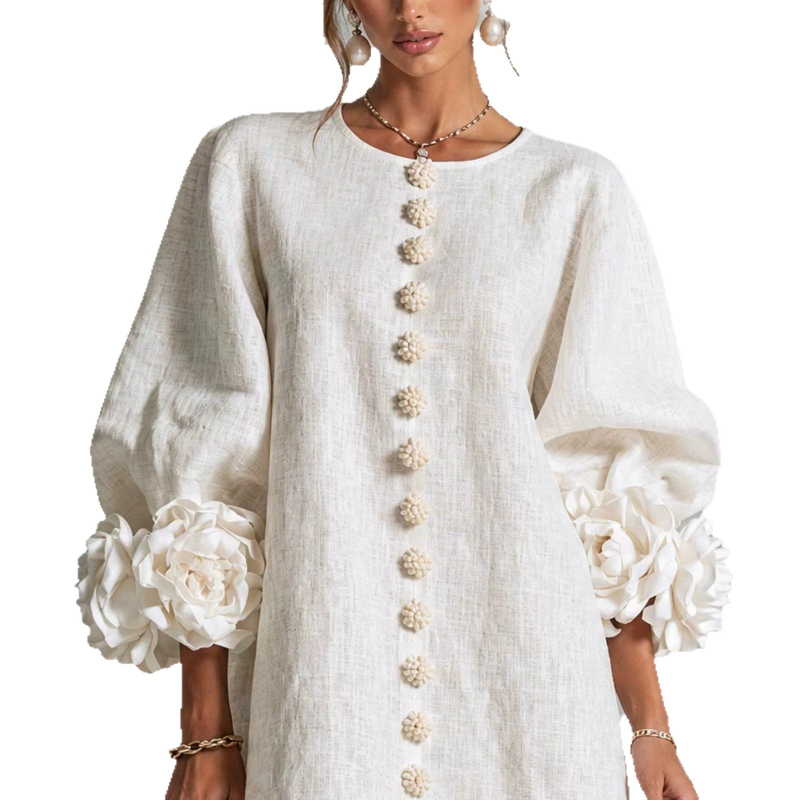 Damen Midikleid mit voluminösen Puffärmeln, 3D-Blütenknopfleiste und Leinenstruktur Chichicherry