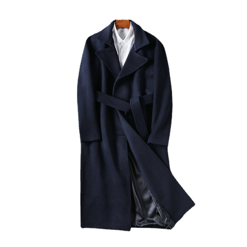 Men's extra long tailored wool blend coat with tie belt and wide shawl collar Chichicherry